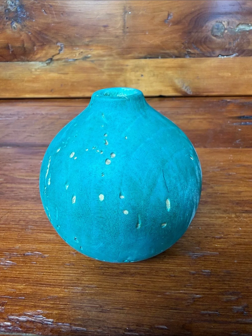 Handcrafted Turquoise Round Box Elder Wooden Vase.